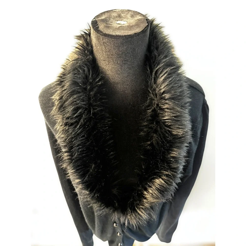 Y2K Goth Shimmer Black Cardigan Sweater Faux Fur‎ Collar Long Sleeve Womens - Picture 4 of 7